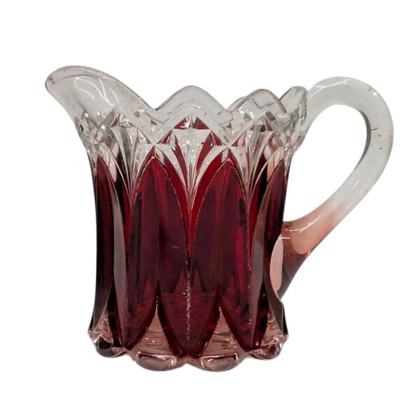 Vtg Ruby Stained Glass Pitcher Etched Victorian Style with Handle 4.5" x 4.5" - Picture 2 of 11